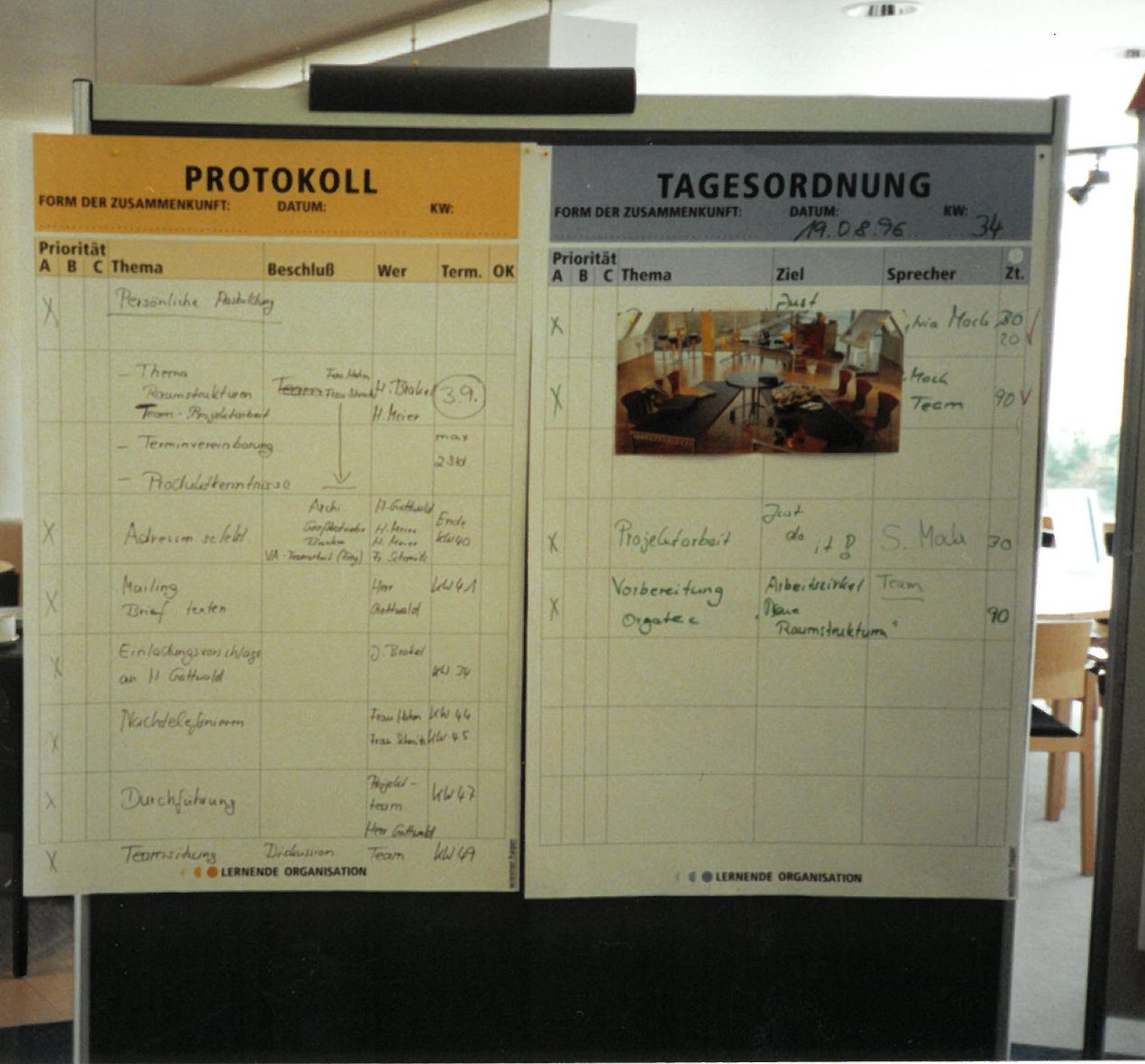 Protokoll- und Tagesordnungs-Boards aus der Workshoparbeit